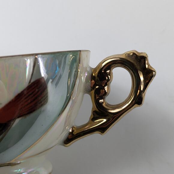 Red Cardinal Lusterware Teacup Japan Gold White Blue Pinwheel Bone China Gift - Picture 8 of 13